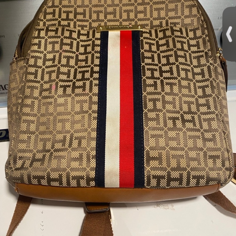 Tommy Hilfiger Brown Backpack with Red and White Stripe